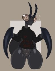  antennae_(anatomy) anthro arthropod arthropod_abdomen artlegionary ass black_body bottomless butt_from_the_front clothed clothing dizzy_(artlegionary) featureless_crotch femboy hi_res insects male mantis partially_clothed solo spiral_eyes sweater sweater_only thick_thighs topwear topwear_only turtleneck 