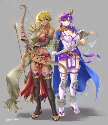  2girls absurdres blonde_hair blue_cape bow_(weapon) cape dark-skinned_female dark_skin fire_emblem fire_emblem:_the_binding_blade highres holding holding_sword holding_weapon igrene_(fire_emblem) jewelry juno_(fire_emblem) knee_pads multiple_girls purple_hair simple_background smile sword tassel thighhighs tsukimura_(d24f4z8j3t) weapon 