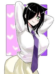  alternate_breast_size arms_behind_head bags_under_eyes black_hair blush breasts curvy female green_eyes hair_between_eyes huge_breasts kuroki_tomoko large_breasts long_hair looking_at_viewer misaki_nu07 mojo necktie purple_necktie school_uniform shirt skirt smile solo watashi_ga_motenai_no_wa_dou_kangaetemo_omaera_ga_warui! yellow_skirt 