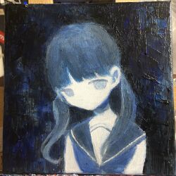  absurdres acrylic_paint_(medium) blue_theme blunt_bangs canvas_(medium) commentary_request expressionless female highres long_hair looking_at_viewer low_twintails monochrome neckerchief no_mouth no_nose noroi_(rnatataki) original painting_(medium) photo_(medium) portrait sailor_collar school_uniform simple_background solo traditional_media twintails 