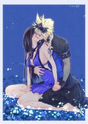  1boy backless_dress backless_outfit bare_arms bare_legs bare_shoulders barefoot black_hair black_hairband black_ribbon blonde_hair blue_dress bow braid breasts closed_eyes cloud_strife cloud_strife_(blue_dress) commentary corset couple crescent crescent_earrings crossdressing dress earrings facing_another female field final_fantasy final_fantasy_vii final_fantasy_vii_remake fishnet_armwear fishnet_sleeves fishnets flower flower_field full_body gold_earrings hairband hairbow hand_on_another&#039;s_stomach highres holding_hands hug hug_from_behind jewelry kiss_from_behind kissing large_breasts lipstick_mark lipstick_mark_on_face lipstick_mark_on_leg lipstick_mark_on_shoulder long_hair low_twin_braids neck_ribbon ninnin5tora official_alternate_costume official_alternate_hairstyle outside_border puffy_short_sleeves puffy_sleeves ribbon short_dress short_sleeves single_earring sitting sitting_on_lap sitting_on_person straight symbol-only_commentary tifa_lockhart tifa_lockhart_(refined_dress) twin_braids wariza 