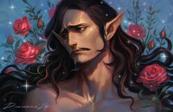  1boy adam&#039;s_apple alternate_species bishie_sparkle black_hair disarmoni_art dungeon_meshi elf facial_hair flower furrowed_brow long_hair looking_to_the_side male_focus mature_male moustache pencil_mustache pointy_ears rose senshi_(dungeon_meshi) senshi_(elf)_(dungeon_meshi) solo thick_eyebrows toned toned_male underwear 