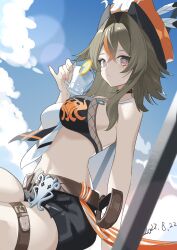  absurdres bare_shoulders bikini blue_sky breasts brown_hair cloud cloudy_sky cup dated denim denim_shorts female food fruit grey_eyes hair_between_eyes hat highres holding holding_cup honkai_(series) honkai_impact_3rd large_breasts lemon lemon_slice looking_at_viewer medium_hair midriff pirate_hat qtian shorts sky stomach summer swimsuit thigh_strap thighs two-tone_bikini vill-v vill-v_(i&#039;m_the_storm) 