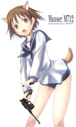  animal_ears brown_eyes brown_hair commentary_request dog_ears dog_girl dog_tail female gun handgun mauser_c96 miyafuji_yoshika no_pants open_mouth sabamu school_swimsuit school_uniform short_hair solo strike_witches swimsuit swimsuit_under_clothes tail weapon world_witches_series 