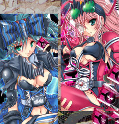  2girls aqua_eyes belt blue_hair blush bow breasts card cleavage commentary_request decadriver eyepatch fingerless_gloves genderswap_(mtf) gloves goggles hair_ornament hairclip holding holding_card kamen_rider kamen_rider_dcd kamen_rider_decade kamen_rider_diend large_breasts long_hair multiple_girls navel pink_hair ponytail ribbon rule_63 shisaki_tayu smile striped_clothes striped_thighhighs thighhighs vertical-striped_clothes vertical-striped_thighhighs 