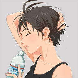  androgynous antenna_hair black_hair bottle closed_eyes commentary_request female grey_background hand_to_head hands idolmaster idolmaster_(classic) kikuchi_makoto lips neck open_mouth photoshop_(medium) product_placement short_hair simple_background solo sweat tank_top water water_drop yachiwo 