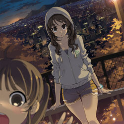  2girls :d :o armcho blurry brown_eyes brown_hair cityscape commentary_request depth_of_field dutch_angle evening hood hoodie looking_at_viewer multiple_girls open_mouth original outdoors photoshop_(medium) shorts smile thigh_gap thighs twintails wavy_hair 