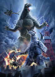  battle commentary_request godzilla godzilla_(series) highres kaijuu mecha mechagodzilla monster no_humans poo_(saku) robot 