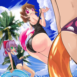  3girls adjusting_clothes adjusting_swimsuit ass bikini bikini_tan brown_hair clothes_lift cloud commentary_request day dutch_angle green_eyes huge_ass innertube juice_box katou_kouki mouth_hold multiple_girls one-piece_swimsuit one-piece_tan original outdoors palm_tree pink_eyes purple_hair school_swimsuit skindentation sky sparkle strap_pull swim_ring swimsuit swimsuit_lift tan tanlines tree 