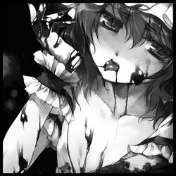  blood chinchickrin commentary_request female greyscale hat licking lowres monochrome photoshop_(medium) remilia_scarlet solo tongue touhou wrist_cuffs 