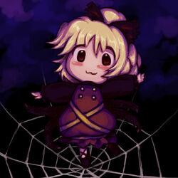  :3 bad_id bad_pixiv_id blonde_hair bow buranantoka chibi female kurodani_yamame red_eyes short_hair silk solo spider_web touhou 