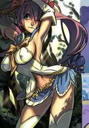  alex_ahad aqua_eyes beetle blue_sailor_collar blue_skirt bow breasts brooch bug detached_sleeves elbow_gloves female gloves jewelry large_breasts long_hair mushihime-sama mushihime-sama_futari navel one_eye_closed photoshop_(medium) pink_hair reco sailor_collar sideboob skirt solo thighhighs wing_brooch yellow_bow 