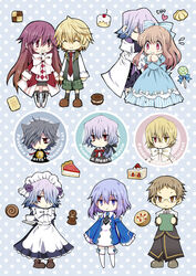  3girls 6+boys :&lt; alice_(pandora_hearts) bad_id bad_pixiv_id bell blonde_hair blush boots bow brown_hair cake cake_slice candy chain_(pandora_hearts) checkerboard_cookie cheshire_cat_(pandora_hearts) closed_eyes cookie cracker dress echo_(pandora_hearts) food gingerbread_man glasses grey_hair heterochromia kuroe_(sugarberry) lollipop long_hair multiple_boys multiple_girls oz_vessalius pandora_hearts pastry pie pie_slice polka_dot polka_dot_background ponytail red_eyes reim_lunettes sandwich_cookie sharon_rainsworth short_hair smile swirl_lollipop swiss_roll vincent_nightray xerxes_break 