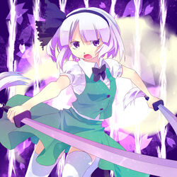  bad_id bad_pixiv_id bow bowtie dual_wielding female hitodama holding konpaku_youmu konpaku_youmu_(ghost) open_mouth photoshop_(medium) purple_eyes solo sword thighhighs touhou weapon white_hair zanunoneko zettai_ryouiki 