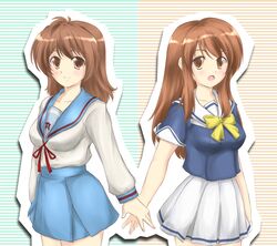  2girls asahina_mikuru back-to-back blue_sailor_collar blue_skirt brown_eyes brown_hair commentary_request cosplay costume_switch crossover gotou_yuuko hibana_junkei highres kita_high_school_uniform long_hair multiple_girls sailor_collar school_uniform serafuku skirt sorairo suzumiya_haruhi_no_yuuutsu tomosaka_tsubame voice_actor_connection winter_uniform 