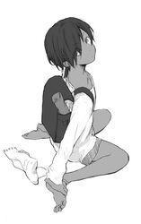  1boy aged_down androgynous backpack bad_id bad_pixiv_id bag barefoot feet greyscale highres holding_own_foot ikezawa_kazuma lolicon looking_back looking_up male_focus monochrome otoko_no_ko sato_unta sketch socks solo summer_wars 