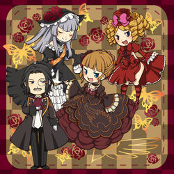  1boy 3girls beatrice_(umineko) black_hair blonde_hair blue_eyes bow breasts bug butterfly chibi choker closed_eyes commentary_request dress drill_hair facial_hair flower frills gaap_(umineko) grey_hair hat highres kiseru long_hair mini_hat mini_top_hat monocle moustache muimui_uzuki multiple_girls pink_bow ringlets ronove_(umineko) rose short_hair sideboob small_breasts smile smoking_pipe socks striped_clothes striped_thighhighs thighhighs top_hat umineko_no_naku_koro_ni virgilia_(umineko) yellow_butterfly 