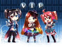  1boy 2girls ahoge bat_wings black_hair blue_eyes blue_necktie boots caffein chibi commentary_request demon_girl detached_sleeves drill_hair gothic_lolita green_eyes grin hat headphones headset heterochromia kasane_teto lolita_fashion long_hair midriff multiple_girls namine_ritsu navel necktie otoko_no_ko pink_hair red_eyes red_hair short_twintails skirt smile tail thighhighs twin_drills twintails utau veil vippaloid wings yokune_ruko 