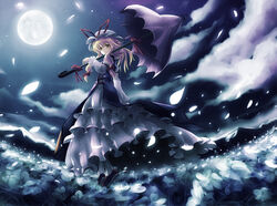  blonde_hair commentary_request dress female field flower flower_field full_moon hair_up hat light_smile long_hair looking_at_viewer looking_back moon night parasol petals shirosa solo touhou umbrella yakumo_yukari yellow_eyes 