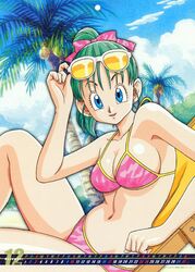  2006 :d adjusting_eyewear arm_support armpits artist_request beach bikini blue_eyes breasts bulma_briefs bush calendar_(medium) camouflage camouflage_bikini camouflage_ribbon chair cleavage clenched_hand cloud coconut collarbone dated day december dragon_ball dragon_ball_z earrings eyewear_on_head female from_side green_hair hair_ribbon halterneck happy high_ponytail jewelry knee_up looking_at_viewer lounge_chair medium_breasts navel official_art open_mouth outdoors palm_tree parted_lips pink_bikini pink_ribbon ponytail print_bikini ribbon sitting sky smile solo stud_earrings sunglasses swimsuit tree 