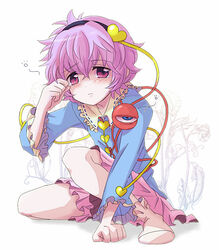  blush commentary_request eyeball female hairband heart komeiji_satori mattie pink_eyes pink_skirt purple_hair short_hair skirt sleepy socks solo third_eye touhou 