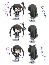  2girls akiyama_mio animal_ears black_hair cat_ears chibi commentary_request k-on! katsuragi_niya long_hair multiple_girls nakano_azusa sakuragaoka_high_school_uniform school_uniform translated twintails 