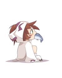  bad_id bad_pixiv_id blush bunsuke chibi digimon eating female fish gomamon personification simple_background solo squatting 