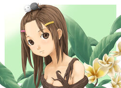  bad_id bad_pixiv_id bangs_pinned_back bare_shoulders breasts brown_eyes brown_hair cleavage female flower forehead hair_ornament hairclip leaf long_hair original photoshop_(medium) plant_roots plumeria solo ss39 upper_body white_flower yellow_flower 