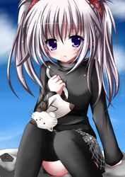  blue_eyes commentary_request feline female grey_hair long_hair primula shuffle! solo stuffed_animal stuffed_cat stuffed_toy t_(dyuhuhudyukusi) thighhighs twintails 