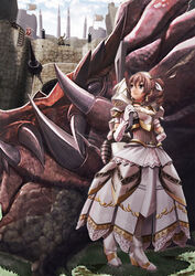  armor brown_hair castle commentary_request dragon dress drill_hair earrings elbow_gloves female gloves highres jewelry lao-shan_lung monster_hunter_(character) monster_hunter_(series) photoshop_(medium) solo twintails v-mag 