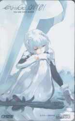  absurdres artist_name ass ayanami_rei bodysuit bracer card_(medium) company_name copyright_name english_text evangelion:_1.0_you_are_(not)_alone female folded full_body gloves hair_between_eyes hair_ornament hand_on_own_knee head_tilt highres hugging_own_legs knees_up logo looking_down neon_genesis_evangelion okazaki_takeshi phonecard photoshop_(medium) pilot_suit plugsuit rebuild_of_evangelion red_eyes reflection scan scan_artifacts short_hair sitting skin_tight solo water watermark web_address white_bodysuit white_hair 