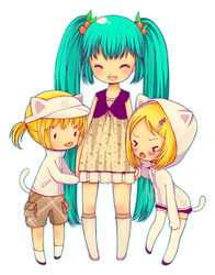  &gt;_&lt; 1boy 2girls :d :p ^_^ alice_vysochina alternate_costume animal_ears animal_hat animal_hood aqua_hair bad_id bad_pixiv_id blonde_hair blush boots cat_ears cat_hat cat_hood cat_tail cherry_hair_ornament closed_eyes clothes_writing dress fighting floral_print food-themed_hair_ornament full_body gloves hair_ornament hairclip hat hatsune_miku holding_hands hood hoodie kagamine_len kagamine_rin kneehighs leaning_forward legs_apart long_hair looking_at_another looking_at_viewer matching_outfits microskirt multiple_girls open_mouth plaid plaid_shorts pocket ponytail print_dress purple_footwear sandwiched shoes short_hair shorts simple_background skirt sleeveless sleeveless_dress smile socks solid_oval_eyes standing swept_bangs tail thighhighs tongue tongue_out turtleneck twintails very_long_hair visor_cap vocaloid white_background white_legwear zipper 