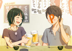  1boy alcohol beer casual commentary_request female green_hair idolmaster idolmaster_(classic) mole mole_under_mouth otonashi_kotori photoshop_(medium) producer_(idolmaster) short_hair yachiwo 