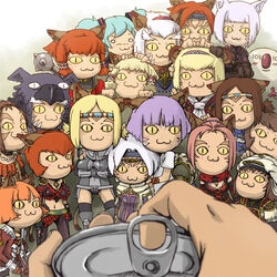  6+girls :3 animal_ears automaton_(final_fantasy) bad_id bad_pixiv_id blue_mage_(final_fantasy) blurry blurry_foreground breasts can cat_ears cat_girl cat_tail chibi circlet cleavage corsair_(final_fantasy) dancer_(final_fantasy) facial_mark final_fantasy final_fantasy_xi final_fantasy_xiv hair_tubes hatsune_miku headband mace medium_breasts mihli_aliapoh mikhe_aryohcha miqo&#039;te mithra_(ff11) multiple_girls naja_salaheem nanaa_mihgo no_nose nucomas o_o opening_can photoshop_(medium) pov puppetmaster_(final_fantasy) scholar_(final_fantasy) semih_lafihna short_twintails slit_pupils spiked_mace spikes staring tail twintails vocaloid warrior_of_light_(ff14) weapon whisker_markings yellow_eyes 