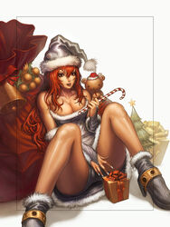  bear bell black_santa_costume breasts candy candy_cane chrisnfy85 christmas christmas_tree cleavage copyright_request female food fur_trim gift hat highres holding holding_candy holding_candy_cane holding_food large_breasts legs long_hair red_eyes red_hair santa_costume solo 