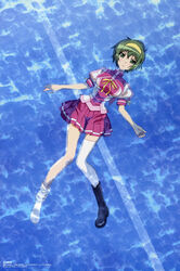  absurdres afloat aizawa_sumie amachi_matsuri boots comp_h&#039;s female from_above green_eyes green_hair hairband highres imageboard_desourced legs non-web_source official_art pool school_uniform shoes short_hair single_shoe skirt solo thighhighs water wet wet_clothes yotsunoha 