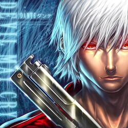  1boy blue_background character_name chrisnfy85 copyright_name dante_(devil_may_cry) devil_may_cry_(series) ebony_&amp;_ivory gun male_focus red_eyes solo weapon white_hair 