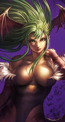  animal_print bat_(animal) bat_print breasts chrisnfy85 cleavage demon_girl female green_eyes green_hair head_wings heart large_breasts long_hair morrigan_aensland pantyhose print_pantyhose solo vampire_(game) wings 