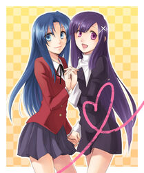  2girls bad_id bad_pixiv_id blue_eyes blue_hair celestial_s checkered_background crossover holding_hands interlocked_fingers kannagi kawashima_ami long_hair multiple_girls purple_eyes purple_hair school_uniform toradora! yellow_background zange 