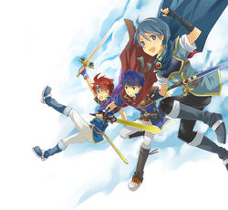  3boys blue_eyes blue_hair cape commentary_request fire_emblem fire_emblem:_mystery_of_the_emblem fire_emblem:_path_of_radiance fire_emblem:_the_binding_blade gloves headband highres ike_(fire_emblem) marth_(fire_emblem) menoko multiple_boys red_hair roy_(fire_emblem) smile sword tiara weapon 