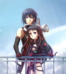  1boy ar_tonelico ar_tonelico_ii bad_id bad_pixiv_id black_hair chroah_vatel couple elbow_gloves female flat_chest gloves jakuri_(ar_tonelico) long_hair purple_eyes sasano_shiki smile straight 