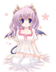  blue_eyes blush breasts commentary_request female horns katakuriri long_hair medium_breasts monster_girl original panties purple_hair solo tail underwear wings 