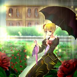  bad_id bad_pixiv_id beatrice_(umineko) blonde_hair blue_eyes dress female flower frills garden highres kobanzame rain rose short_hair solo umbrella umineko_no_naku_koro_ni 