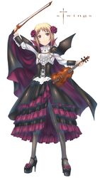  blonde_hair brown_eyes cape commentary_request corset dress female flower halloween high_heels instrument original pantyhose sabamu shoes solo viola_(instrument) 