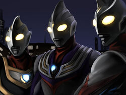  3boys aaru_(tenrake_chaya) color_timer commentary_request glowing glowing_eyes heisei highres multiple_boys night ultra_series ultraman_dyna ultraman_dyna_(series) ultraman_gaia ultraman_gaia_(series) ultraman_tiga ultraman_tiga_(series) 