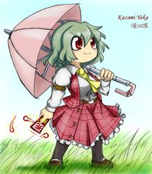  &gt;:) arm_garter ascot bloodycat character_name chibi commentary female grass green_hair kazami_yuuka mai_waifu pantyhose plaid plaid_skirt plaid_vest red_eyes short_hair skirt skirt_set smile solo spell_card touhou umbrella v-shaped_eyebrows vest 