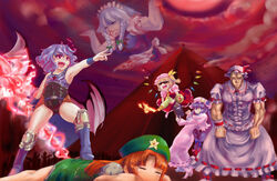  1boy 5girls =_= armpits bat_wings blonde_hair blood book braid china_dress chinese_clothes commentary_request crescent crescent_hat_ornament dress fangs fire flamethrower flandre_scarlet glasses grey_hair hat hat_ornament hokuto_no_ken hong_meiling izayoi_sakuya long_hair multiple_girls nosebleed one_side_up parody patchouli_knowledge ponytail purple_eyes purple_hair pyramid_(structure) red_eyes red_hair rekise remilia_scarlet seitei_jujiryou short_hair shu_(hokuto_no_ken) souther star_(symbol) star_hat_ornament sunglasses tears touhou twin_braids weapon wings 