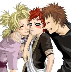  2boys artist_request blonde_hair blue_eyes blush brown_hair embarrassed female fishnets forehead_protector gaara_(naruto) kankurou_(naruto) lowres multiple_boys naruto naruto_(series) ninja red_hair siblings simple_background smile sunagakure_symbol temari_(naruto) white_background 