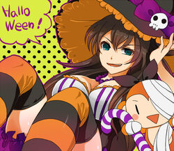  bad_id bad_pixiv_id brown_hair candy candy_cane female food ganaha_hibiki green_eyes halloween hat holding holding_candy holding_candy_cane holding_food idolmaster idolmaster_(classic) masaki_(celesta) monkey skull solo striped_clothes striped_thighhighs thighhighs witch_hat 