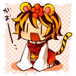  animal_ears blonde_hair chibi commentary_request female full_body gao kneeling long_sleeves magu no_nose oerba_yun_fang open_mouth polka_dot polka_dot_background short_hair sleeves_past_fingers sleeves_past_wrists solo tail tiger_ears tiger_tail toramaru_shou touhou |_| 